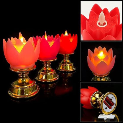 Lotus Flower Shaped Flameless LED Candle Diya with Stand