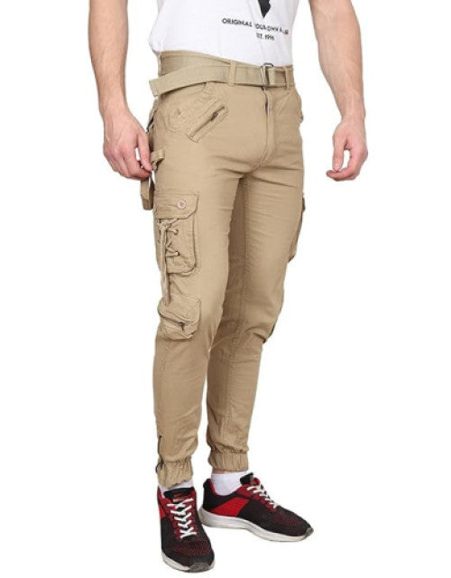 Men's Cotton Solid Khakhi Relaxed Fit Zipper DORI Slim fit Cargo Jogger Pants