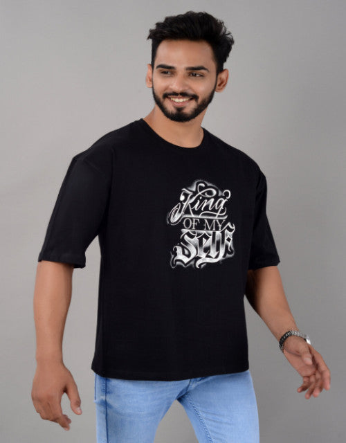 Cotton Blend Oversize Loose Fit Drop Shoulder Round Neck Half Sleeve Graphic Printed Black T-Shirt for Men (SIZE- M,L,XL,XXL)