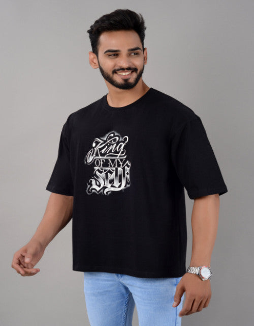 Cotton Blend Oversize Loose Fit Drop Shoulder Round Neck Half Sleeve Graphic Printed Black T-Shirt for Men (SIZE- M,L,XL,XXL)