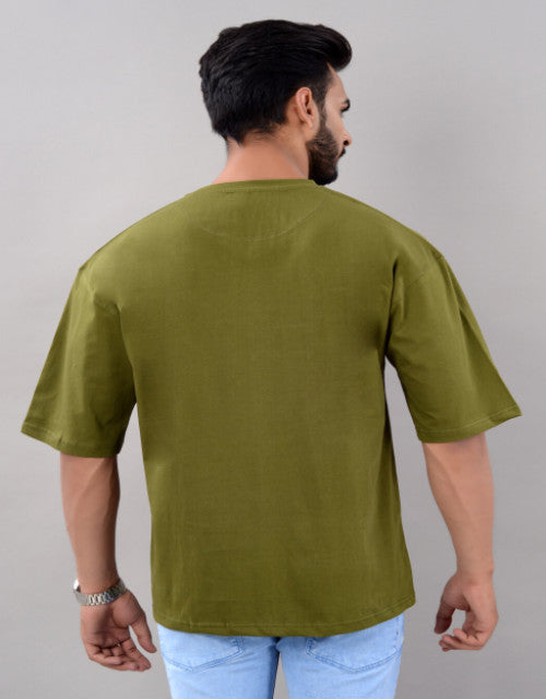 Cotton Blend Oversize Loose Fit Drop Shoulder Round Neck Half Sleeve Graphic Printed Olive T-Shirt for Men (SIZE- M,L,XL,XXL)