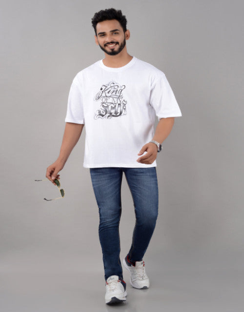 Cotton Blend Oversize Loose Fit Drop Shoulder Round Neck Half Sleeve Graphic Printed White T-Shirt for Men (SIZE- M,L,XL,XXL)