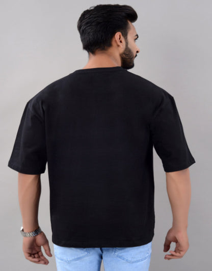 Cotton Blend Oversize Loose Fit Drop Shoulder Round Neck Half Sleeve Typography Black T-Shirt for Men (SIZE- M,L,XL,XXL)