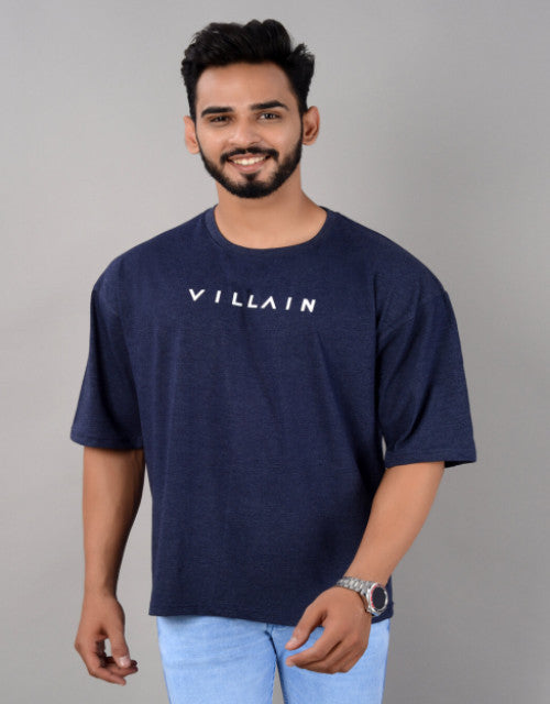 Cotton Blend Oversize Loose Fit Drop Shoulder Round Neck Half Sleeve Typography Blue T-Shirt for Men (SIZE- M,L,XL,XXL)