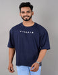 Cotton Blend Oversize Loose Fit Drop Shoulder Round Neck Half Sleeve Typography Blue T-Shirt for Men (SIZE- M,L,XL,XXL)