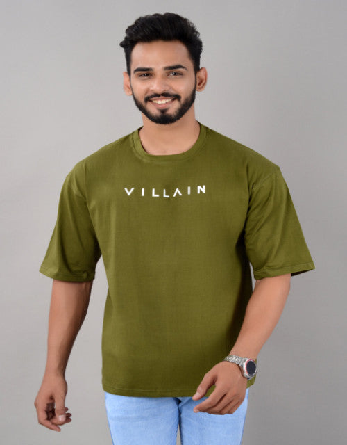 Cotton Blend Oversize Loose Fit Drop Shoulder Round Neck Half Sleeve Typography Olive T-Shirt for Men (SIZE- M,L,XL,XXL)