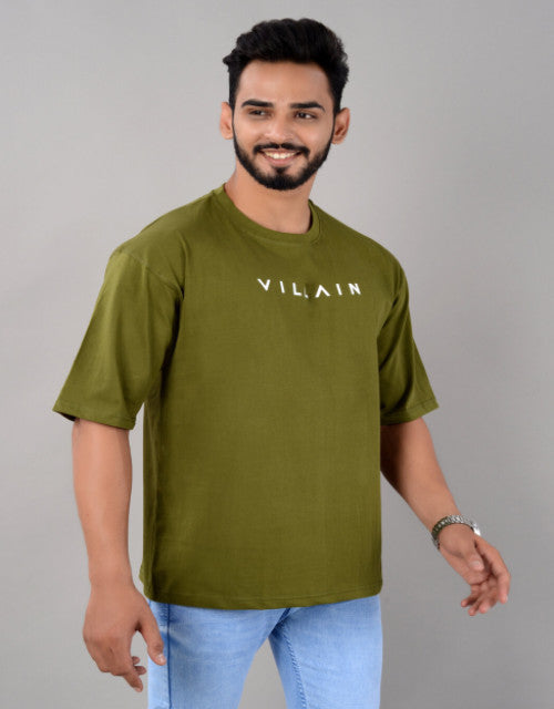 Cotton Blend Oversize Loose Fit Drop Shoulder Round Neck Half Sleeve Typography Olive T-Shirt for Men (SIZE- M,L,XL,XXL)