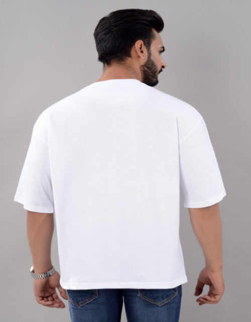 Cotton Blend Oversize Loose Fit Drop Shoulder Round Neck Half Sleeve Typography White T-Shirt for Men (SIZE- M,L,XL,XXL)