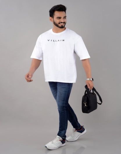 Cotton Blend Oversize Loose Fit Drop Shoulder Round Neck Half Sleeve Typography White T-Shirt for Men (SIZE- M,L,XL,XXL)