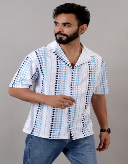 Men Blue Cotton Blend Printed Spread Collar Half Sleeves Oversized Casual Shirt (SIZE- M,L,XL)