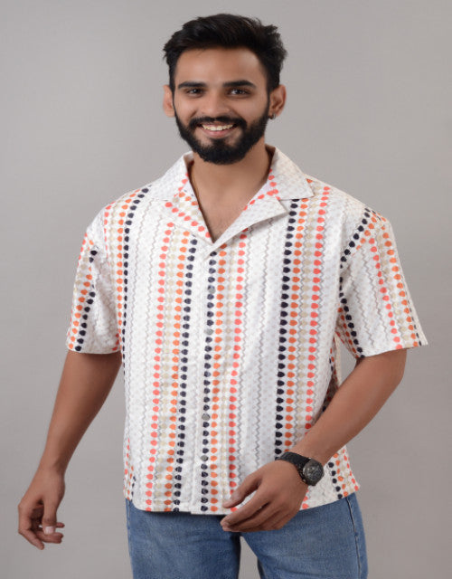 Men Orange Cotton Blend Printed Spread Collar Half Sleeves Oversized Casual Shirt (SIZE- M,L,XL)