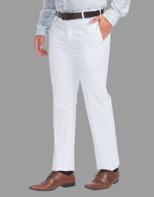 White Solid Mid-Rise Stretchable Men's Formal Trousers (SIZE- 30,32,34,36)